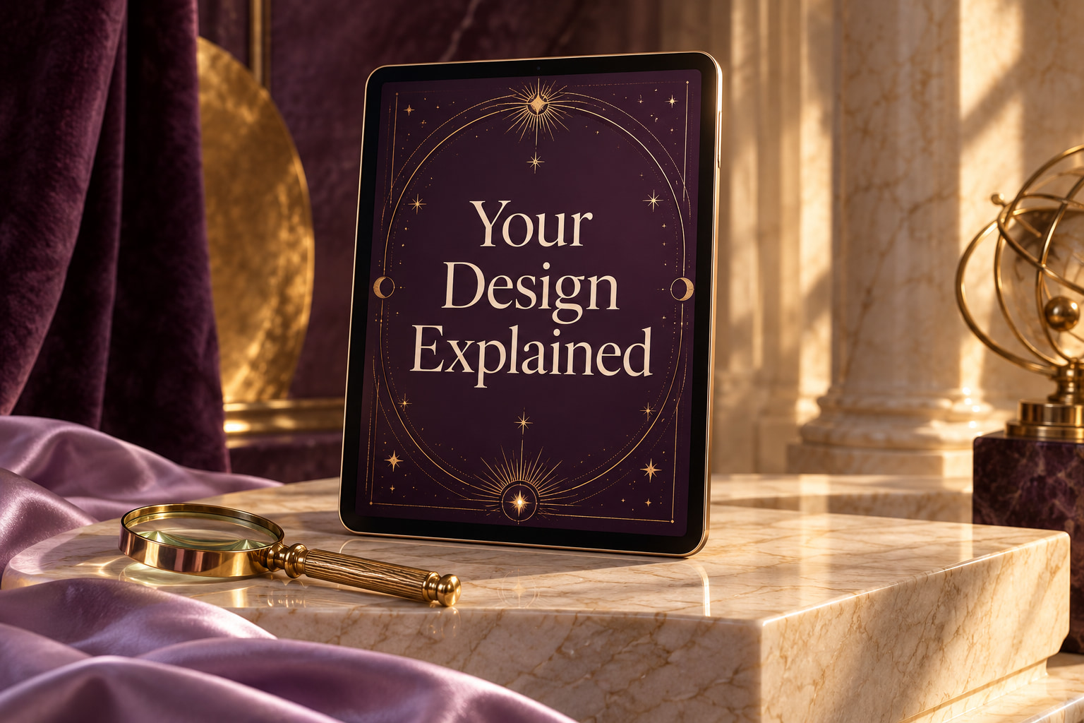 Your Design Explained shown on a tablet beside a gold magnifier
