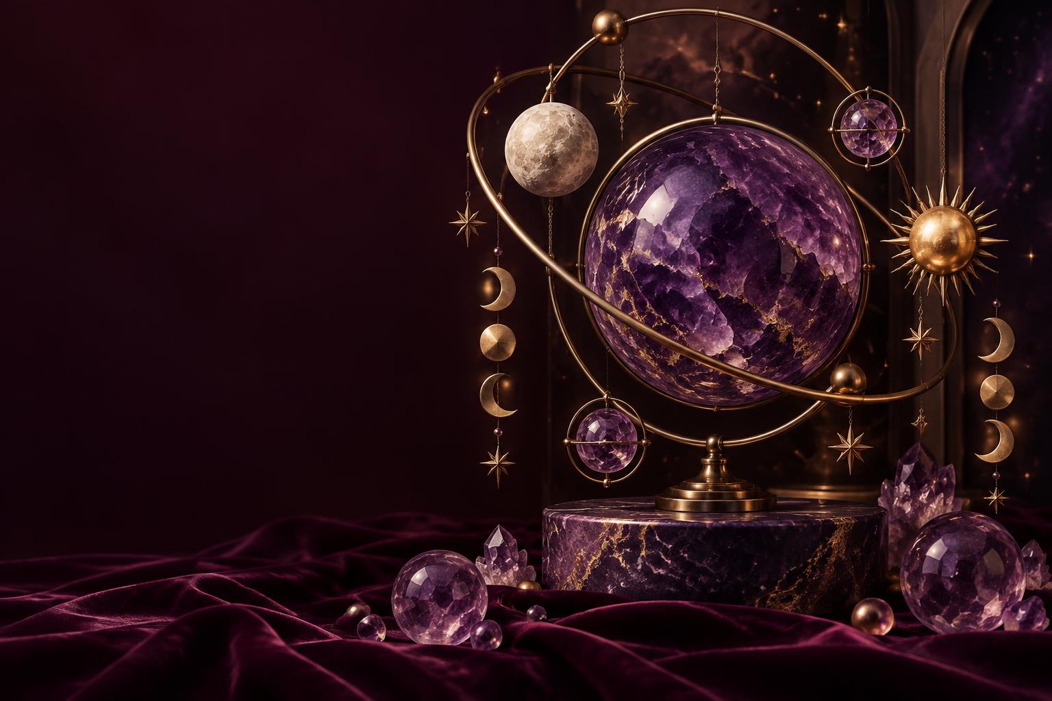 Amethyst celestial globe with gold lunar ornaments
